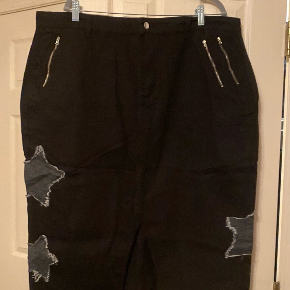 Black Denim Midi Skirt with Denim Star Accents